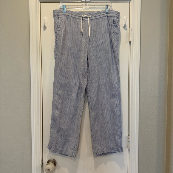 Talbots Linen Pants Women’s Size 6P White Blue Stripes Drawstring Coastal Beach - Picture 1 of 10